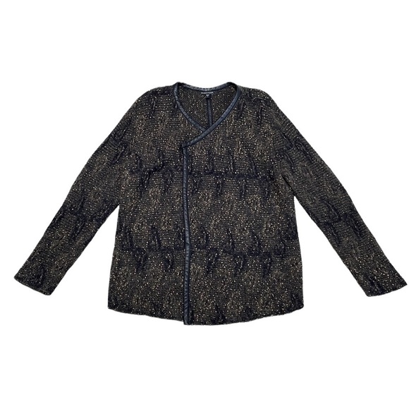 Eileen Fisher Sweater Cardigan Brown Leather Trim Gold Mohair Size Large - Picture 2 of 12